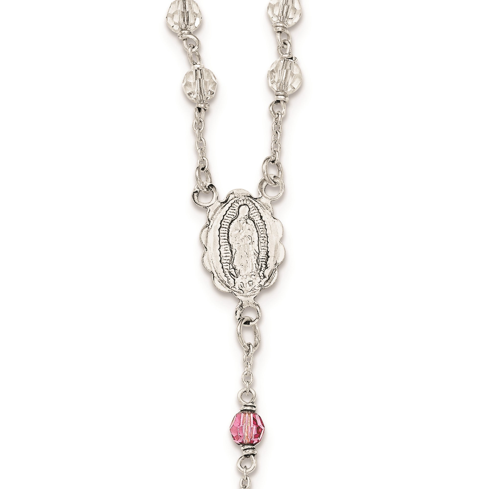 Sterling Silver Polished Crystal Rose Quartz Rosary Cross Necklace, 21.5 Inch