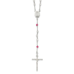 Sterling Silver Polished Crystal Rose Quartz Rosary Cross Necklace, 21.5 Inch