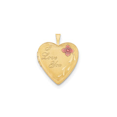 14k Yellow Gold Filled Heart Locket Necklace with I Love You Engraving, 20mm, Red Flower, 18 Inches