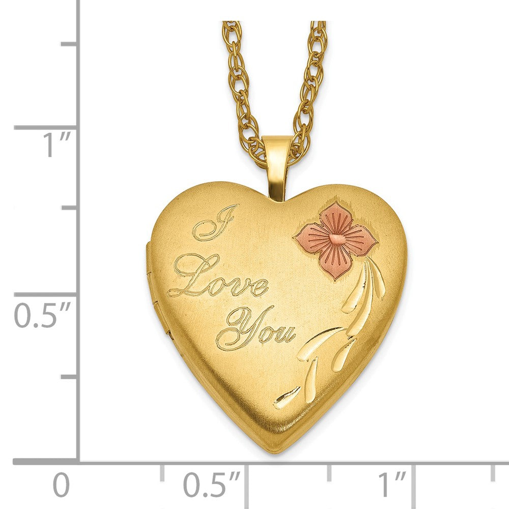 14k Yellow Gold Filled Heart Locket Necklace with I Love You Engraving, 20mm, Red Flower, 18 Inches