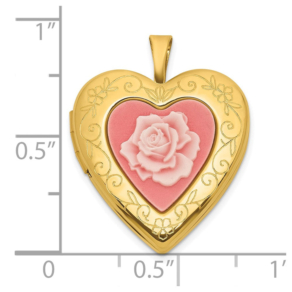 Gold-Plated Sterling Silver Heart Locket with Pink Rose Cameo, 20mm