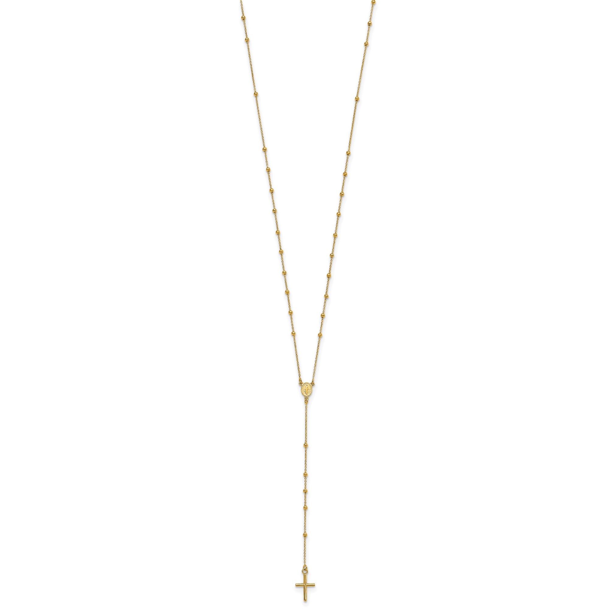 14k Solid Yellow Gold High Polished Rosary 24 inch Cross Necklace