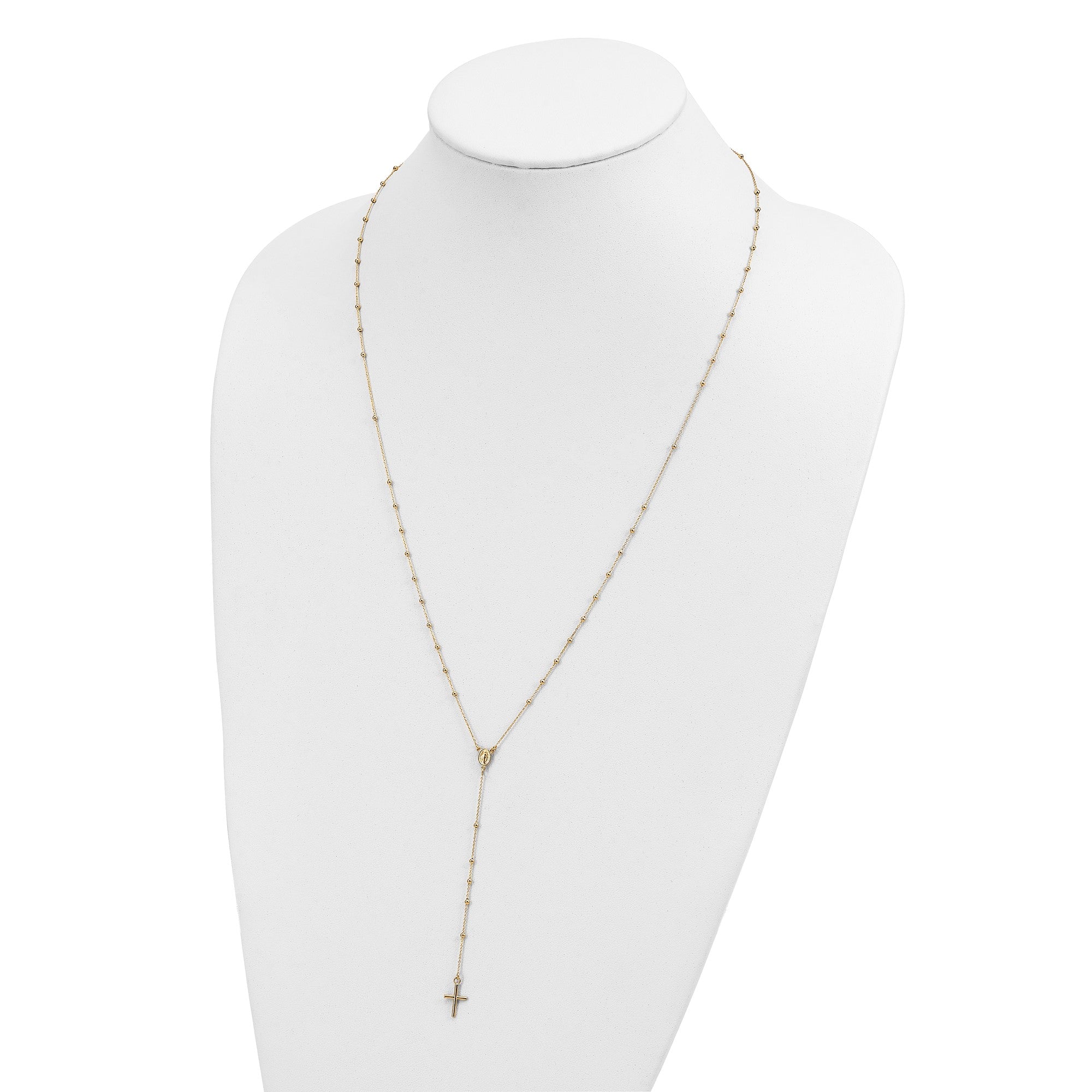 14k Solid Yellow Gold High Polished Rosary 24 inch Cross Necklace