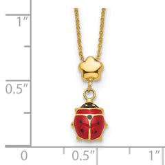 14k Yellow Gold Red and Black Enameled Ladybug with Flower Bead Necklace, 16.5"