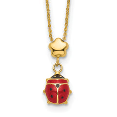 14k Yellow Gold Red and Black Enameled Ladybug with Flower Bead Necklace, 16.5"