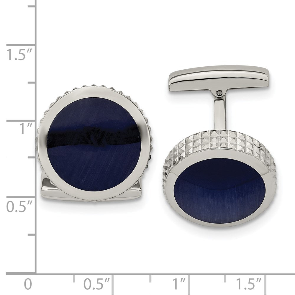 Chisel Stainless Steel Polished Blue Cat's Eye Textured Edge Circle Cufflinks fine designer jewelry for men and women