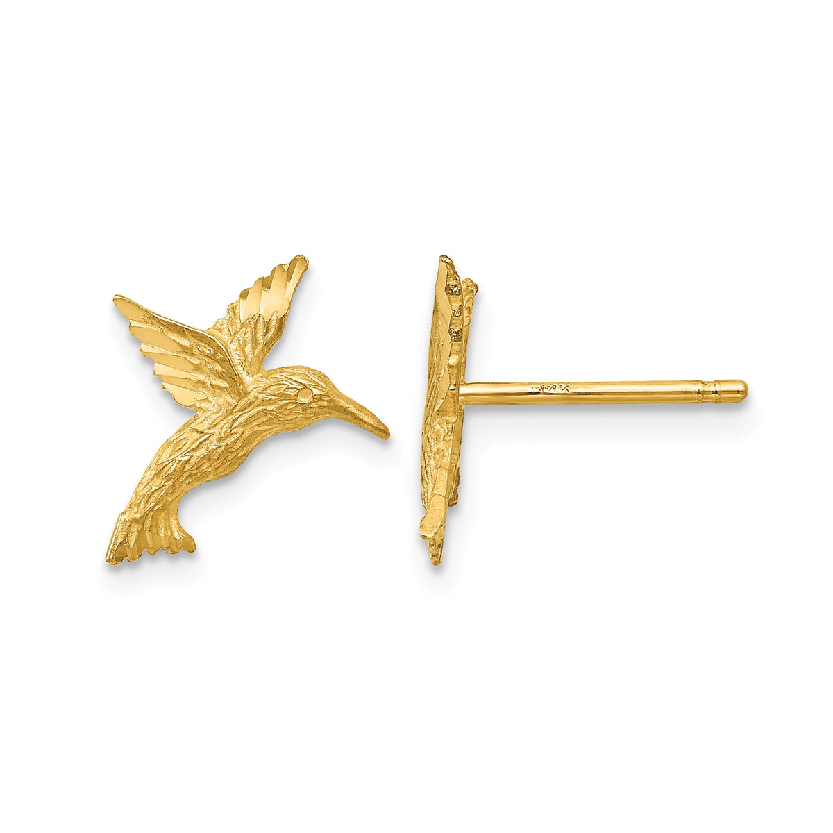 14k Real Gold Hummingbird Stud Earrings, 14mm