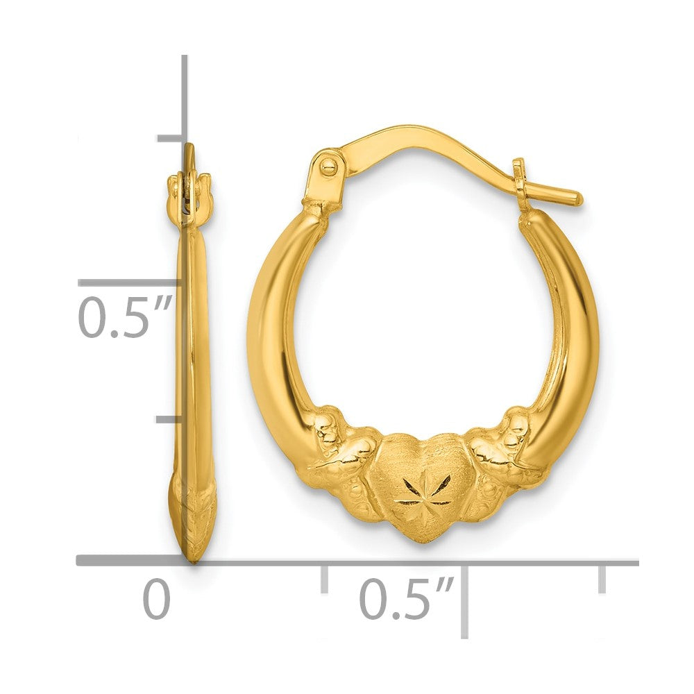 14K Real Yellow Gold Heart Design Hoop Earrings, 17mmx17mm