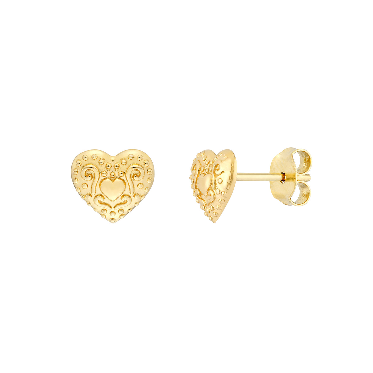 14K Real Yellow Gold Heart Pattern Stud Earrings, 8mm