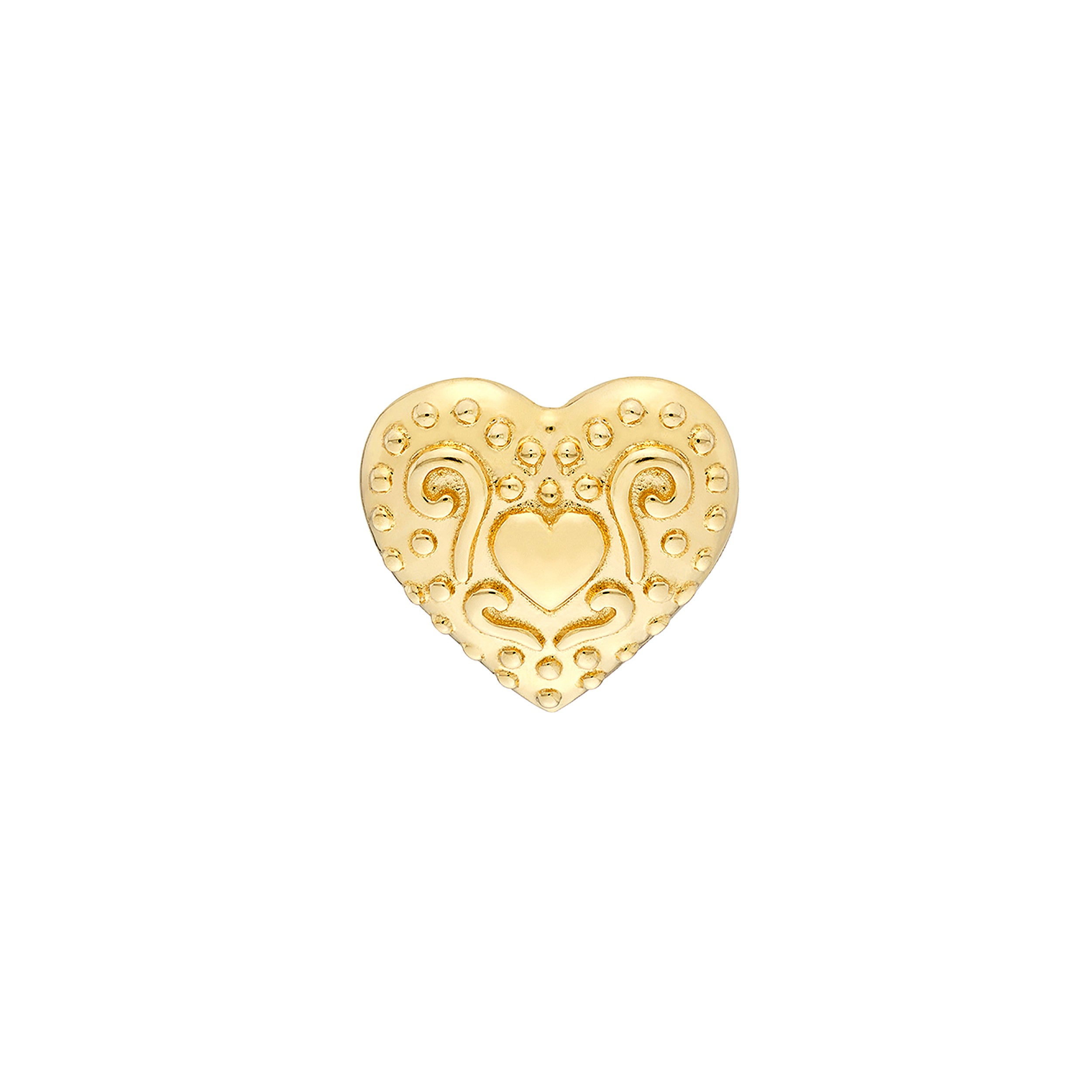 14K Real Yellow Gold Heart Pattern Stud Earrings, 8mm
