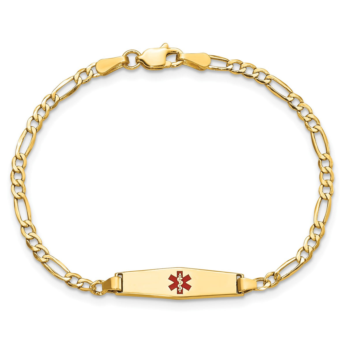 14k Yellow Gold Medical Red Enamel Cross Figaro Alert ID Bracelet fine designer jewelry for men and women