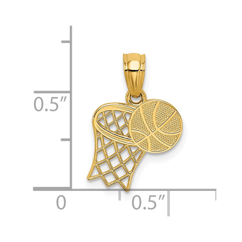 14K Solid Yellow Gold Basketball and Hoop Pendant, 18x11mm
