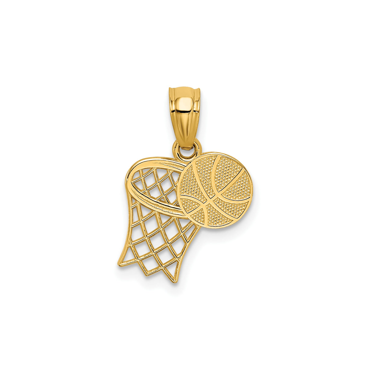 14K Solid Yellow Gold Basketball and Hoop Pendant, 18x11mm
