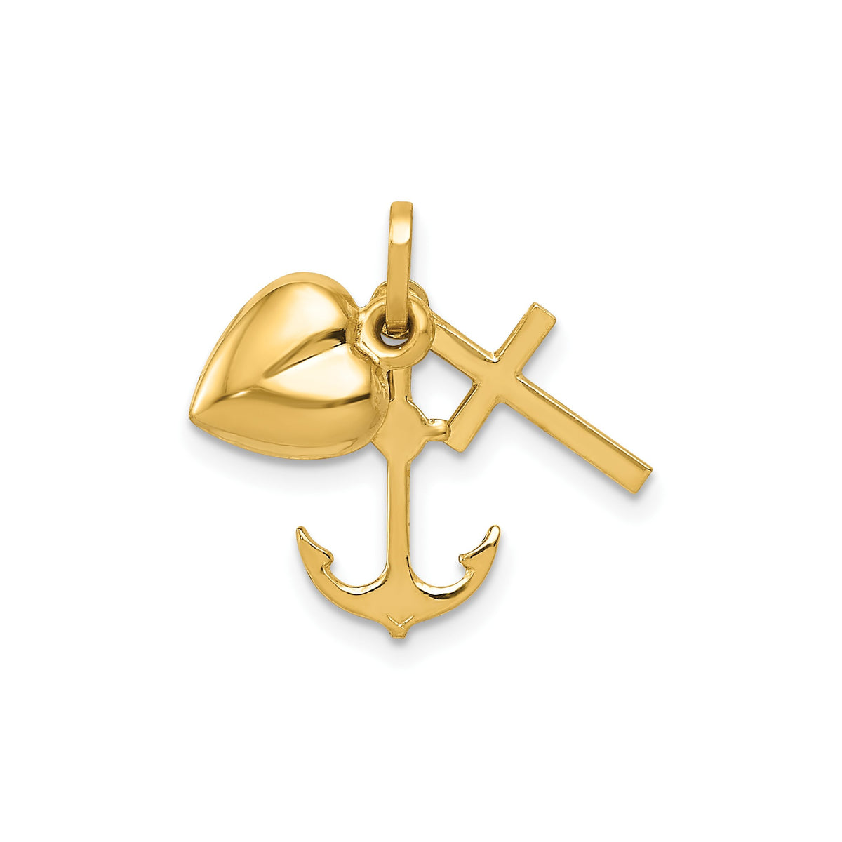 14K Yellow Gold Faith Charm Pendant with Heart, Cross and Anchor, 17x20mm