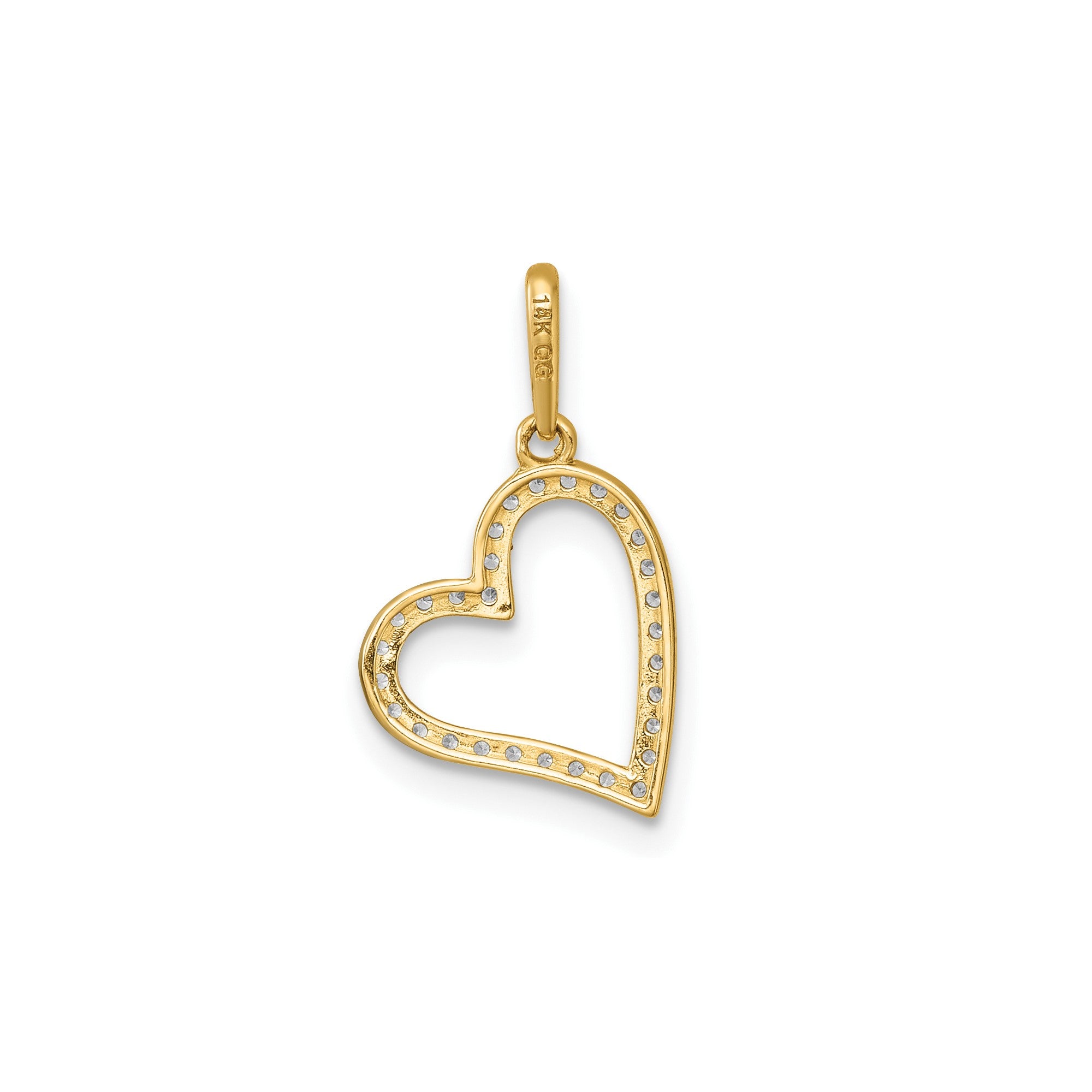 14k Real Yellow Gold CZ Open Heart Pendant, 20x11mm