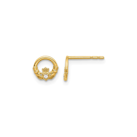 CZ Claddagh Post Earrings, 14K Gold, Cubic Zirconia, Irish Love Loyalty Friendship Style
