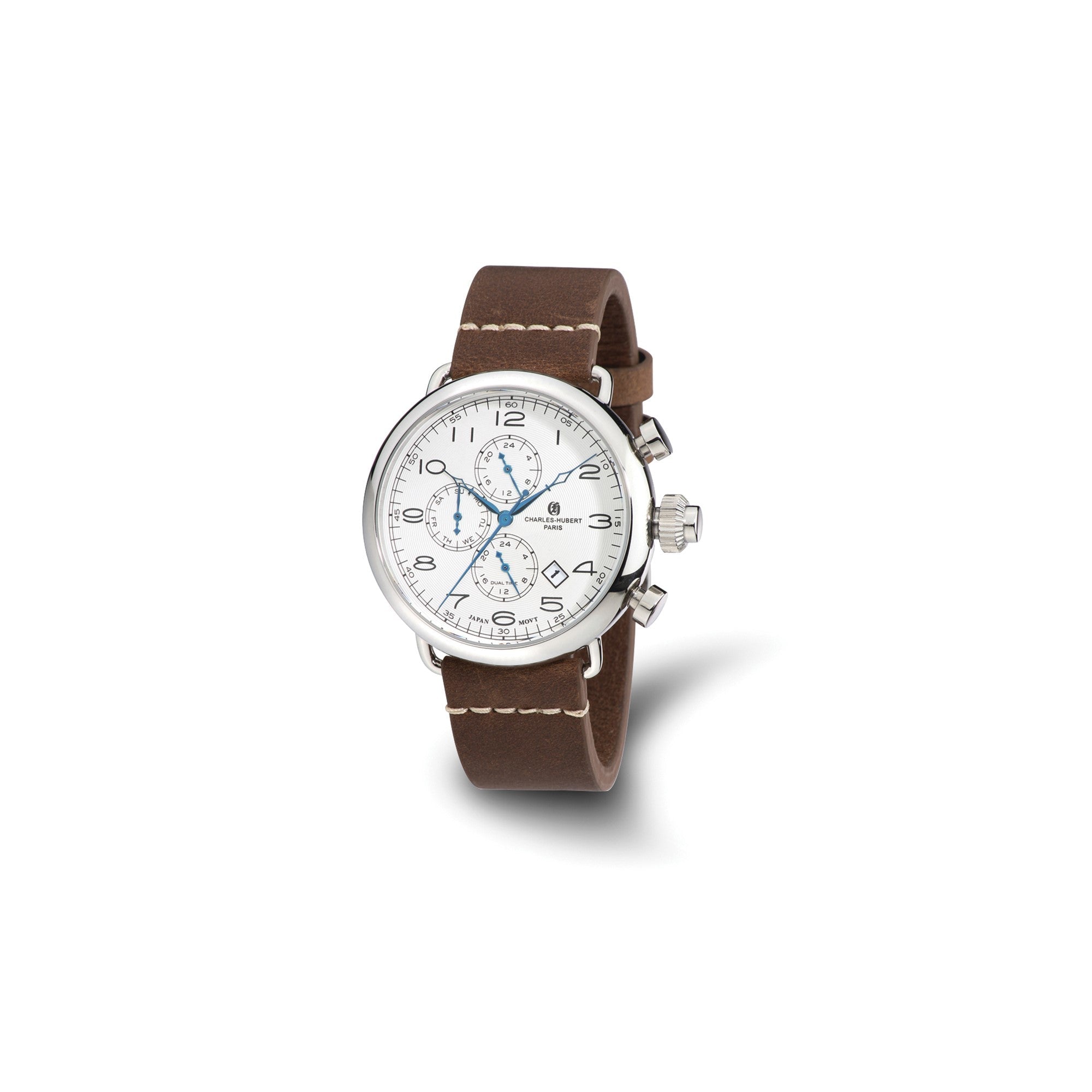 Charles Hubert Men's Stainless Brown Leather Band 46mm Dual Time Watch