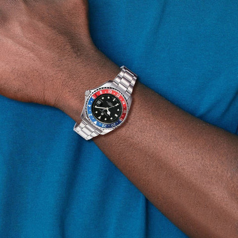 Charles Hubert Stainless Steel Black Dial Red/Blue Bezel Men's Watch