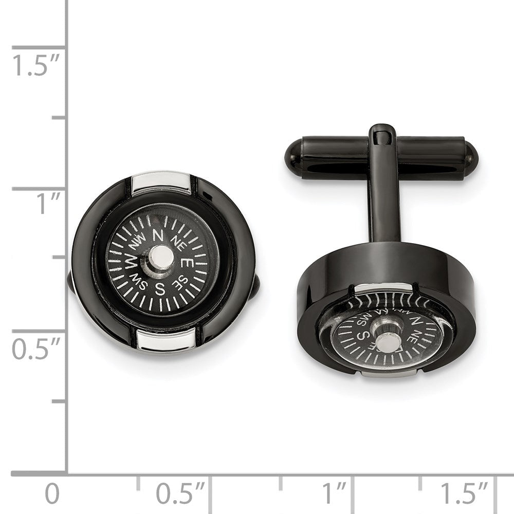 Chisel Stainless Steel Polished Black IP - Plated Functional Compass Cufflinks - JewelryAffairs