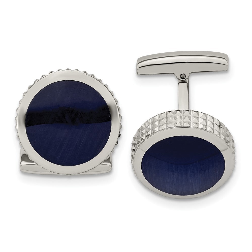 Chisel Stainless Steel Polished Blue Cat's Eye Textured Edge Circle Cufflinks - JewelryAffairs