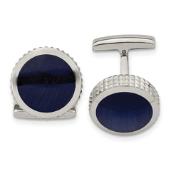 Chisel Stainless Steel Polished Blue Cat's Eye Textured Edge Circle Cufflinks - JewelryAffairs