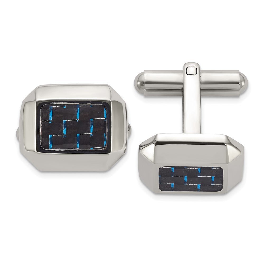 Chisel Stainless Steel Polished with Black and Blue Carbon Fiber Inlay Cuff Links - JewelryAffairs