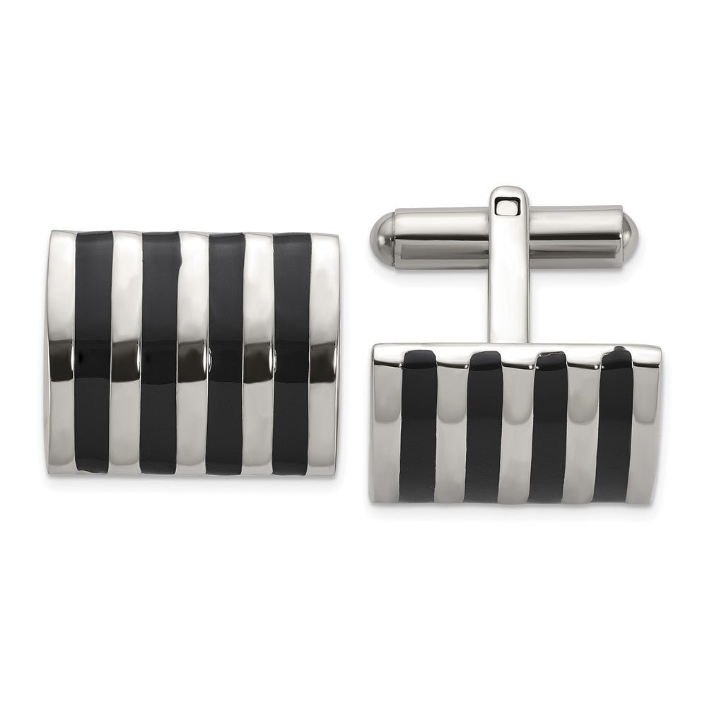 Chisel Stainless Steel Polished with Black Enamel Stripes Cuff Links - JewelryAffairs