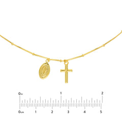 Choker With Dangling Virgin Mary And Cross 14k Yellow Gold Necklace, 16" Adjustable