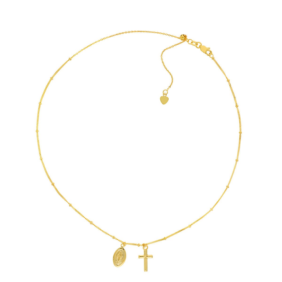 Choker With Dangling Virgin Mary And Cross 14k Yellow Gold Necklace, 16" Adjustable