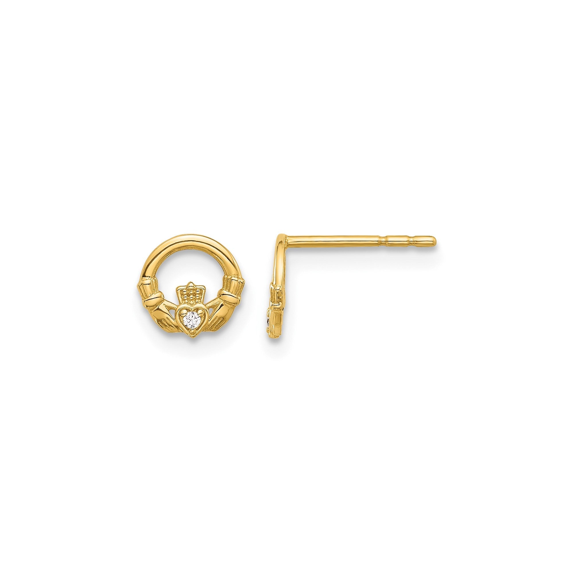 CZ Claddagh Post Earrings, 14K Gold, Cubic Zirconia, Irish Love Loyalty Friendship Style