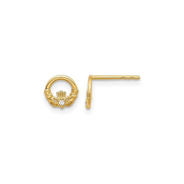 CZ Claddagh Post Earrings, 14K Gold, Cubic Zirconia, Irish Love Loyalty Friendship Style