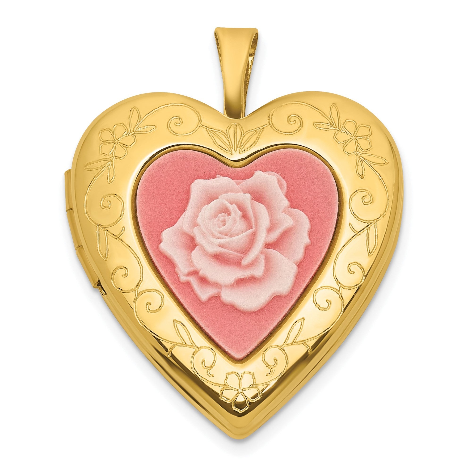 Gold-Plated Sterling Silver Heart Locket with Pink Rose Cameo, 20mm