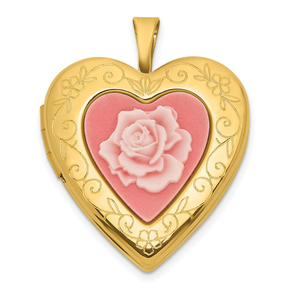 Gold-Plated Sterling Silver Heart Locket with Pink Rose Cameo, 20mm