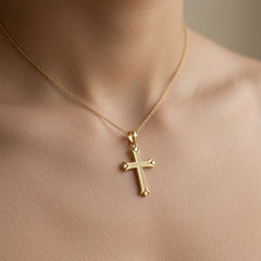 14k Real Yellow Solid Gold Fleur De Lis Cross Pendant, 30x16mm