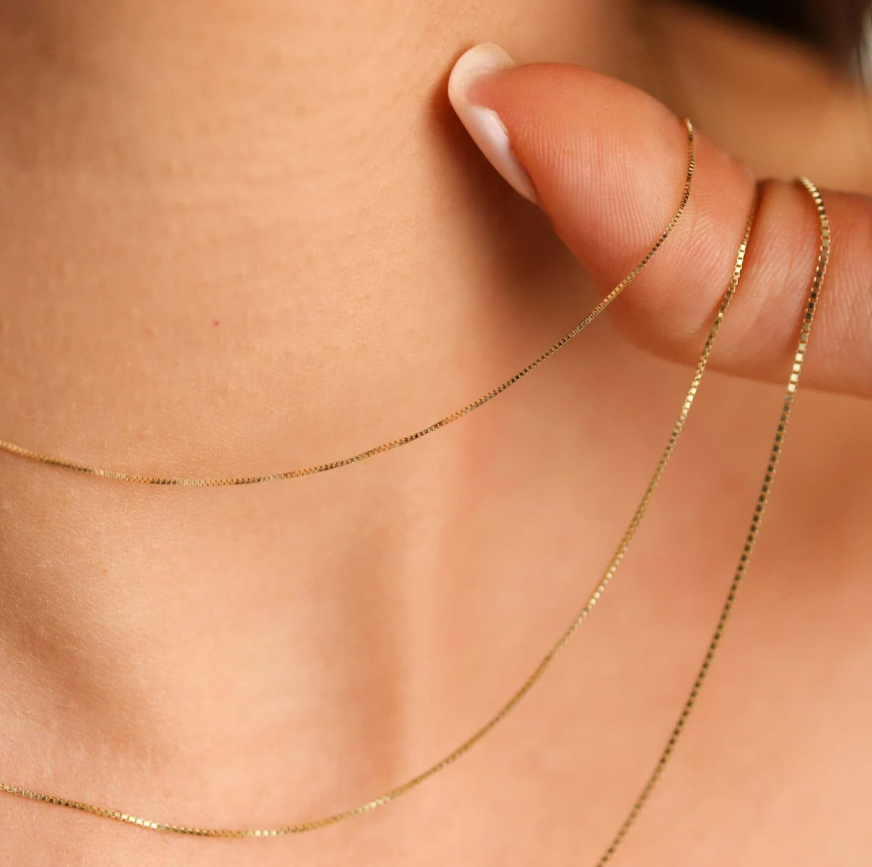 14k Yellow Solid Gold Mirror Box Chain Necklace, 0.6mm fine designer jewelry for men and women