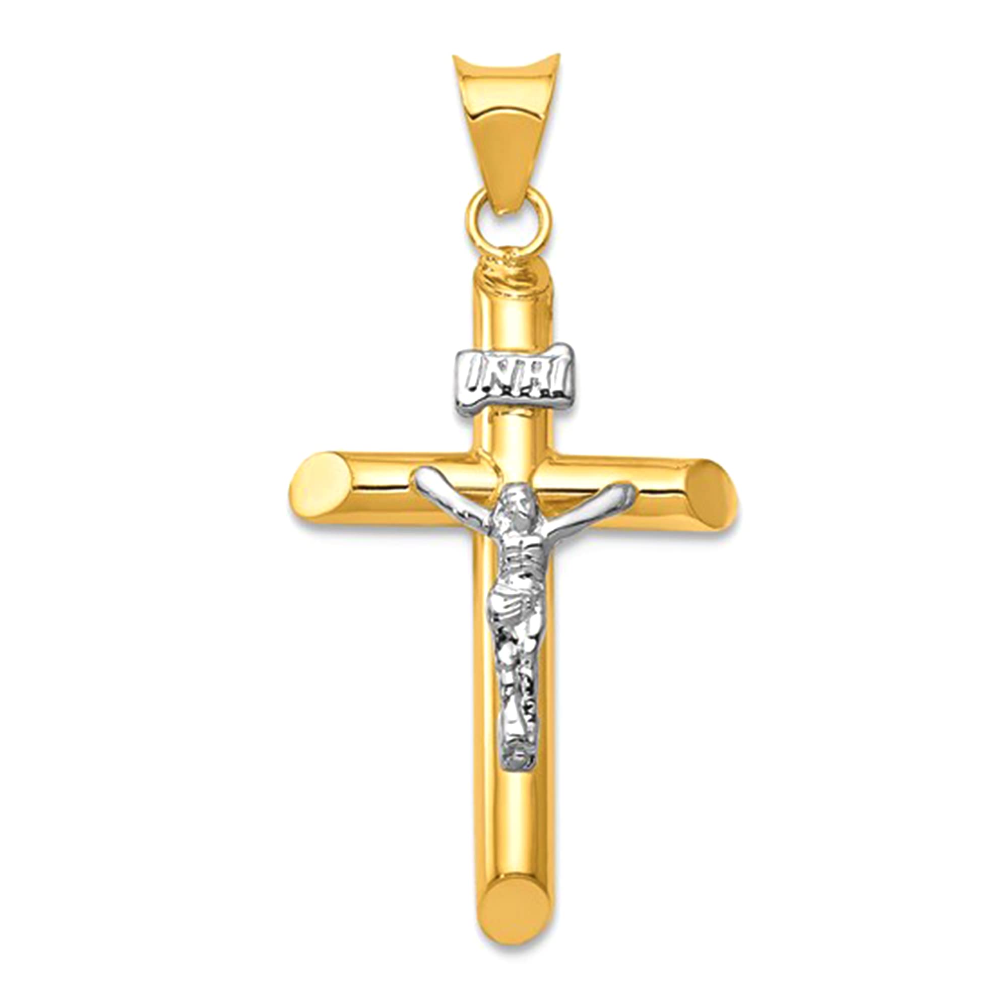 Ciondolo con ciondolo a forma di croce di Gesù in oro giallo e bianco 14k, gioielli di design per uomini e donne