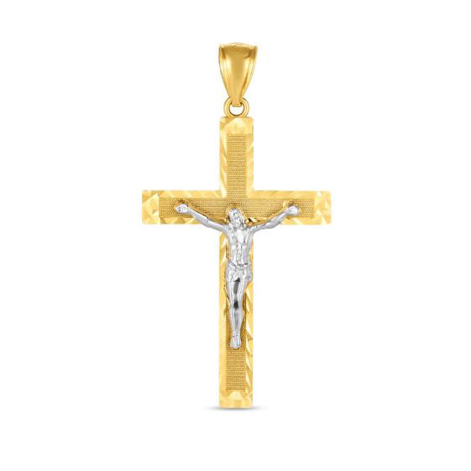 14K Yellow And White Gold Texture Jesus Cross Charm Pendant fine designer jewelry for men and women