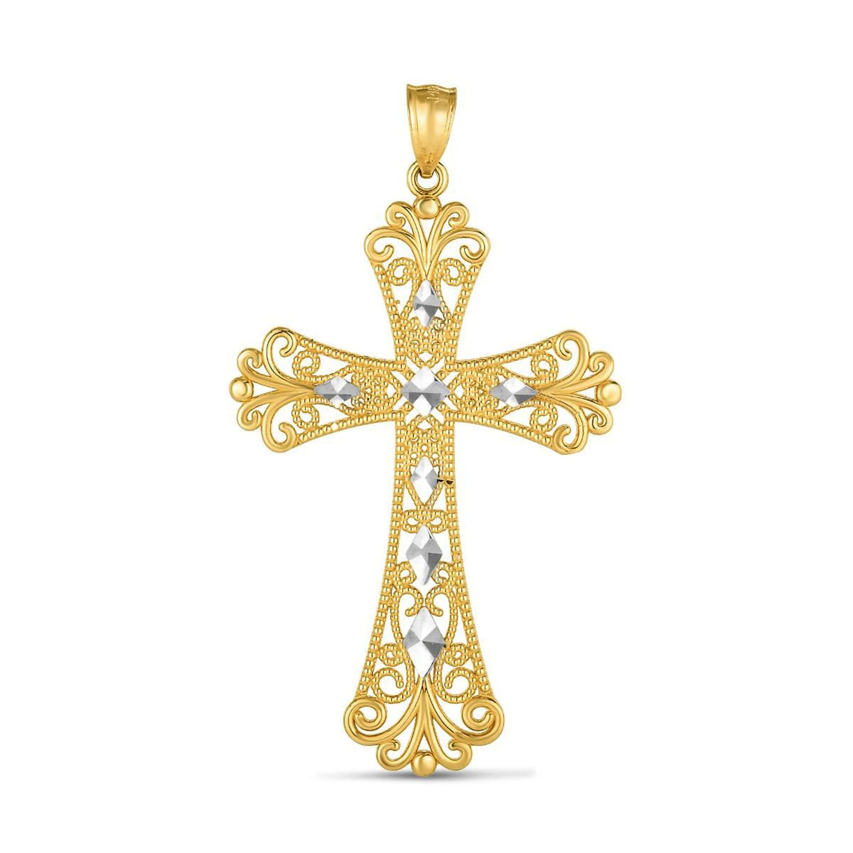 14K Yellow And White Gold Filligre Cross Charm Pendant fine designer jewelry for men and women