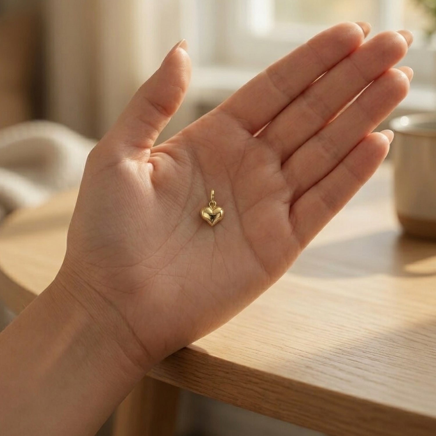 14K Yellow Gold 3-D Puffed Heart Charm Pendant, 12x7mm