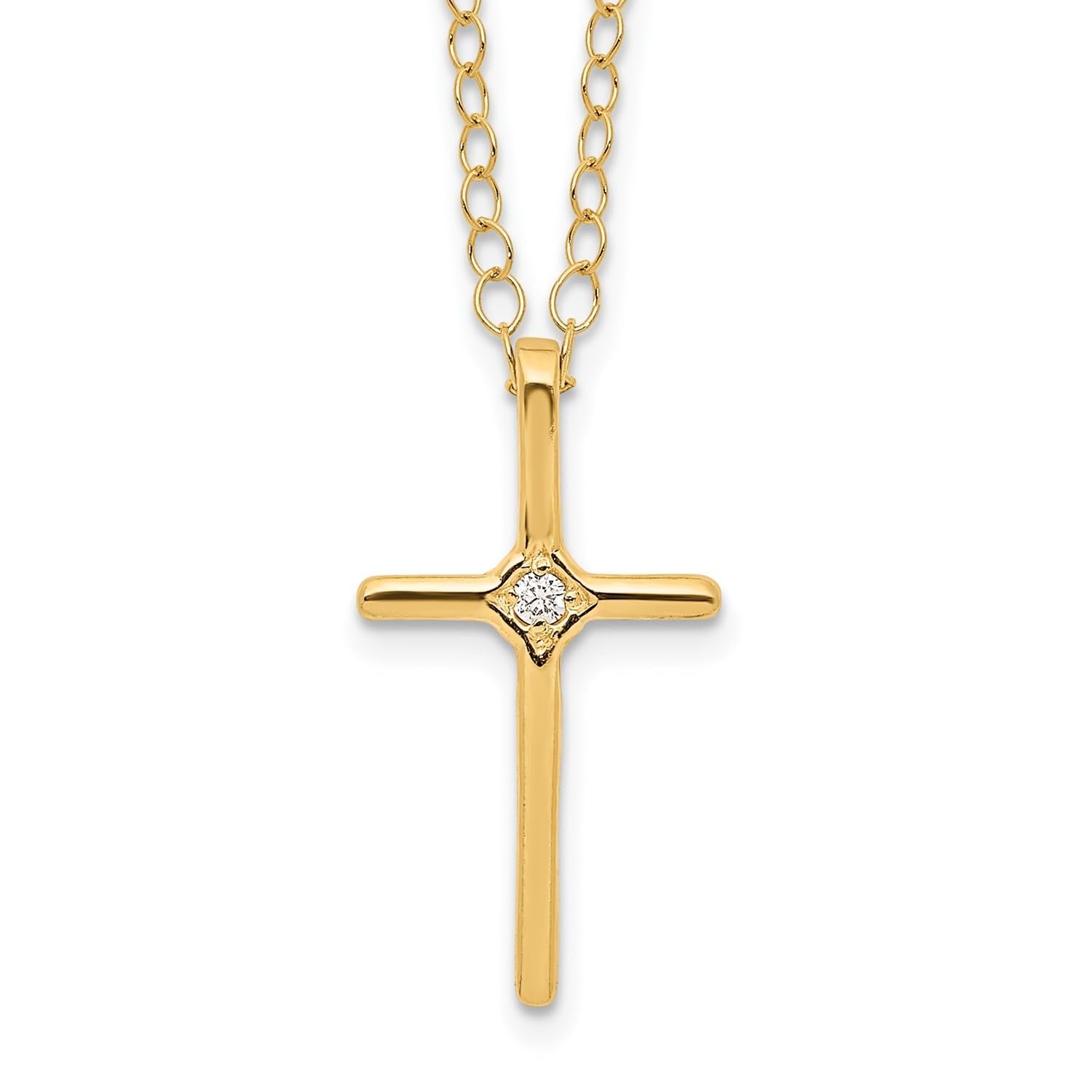 14k Yellow Gold Diamond Cross Pendant Necklace, 15 Inch Chain, 0.01ct