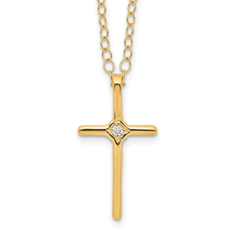 14k Yellow Gold Diamond Cross Pendant Necklace, 15 Inch Chain, 0.01ct
