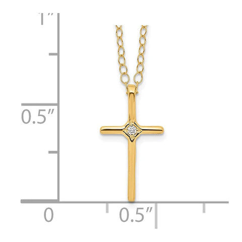 14k Yellow Gold Diamond Cross Pendant Necklace, 15 Inch Chain, 0.01ct