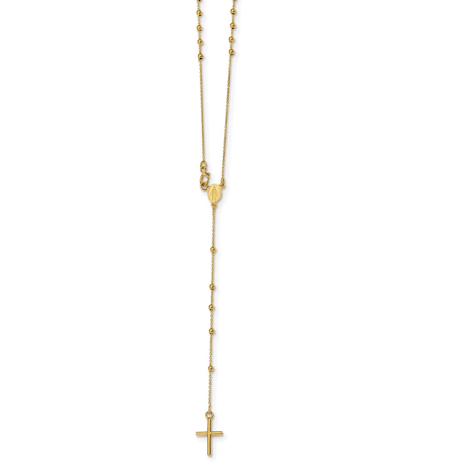 Jewelry Affairs 14K Yellow Gold Rosary Cross Pendant Necklace, Beaded Chain, 16.5 Inches - JewelryAffairs