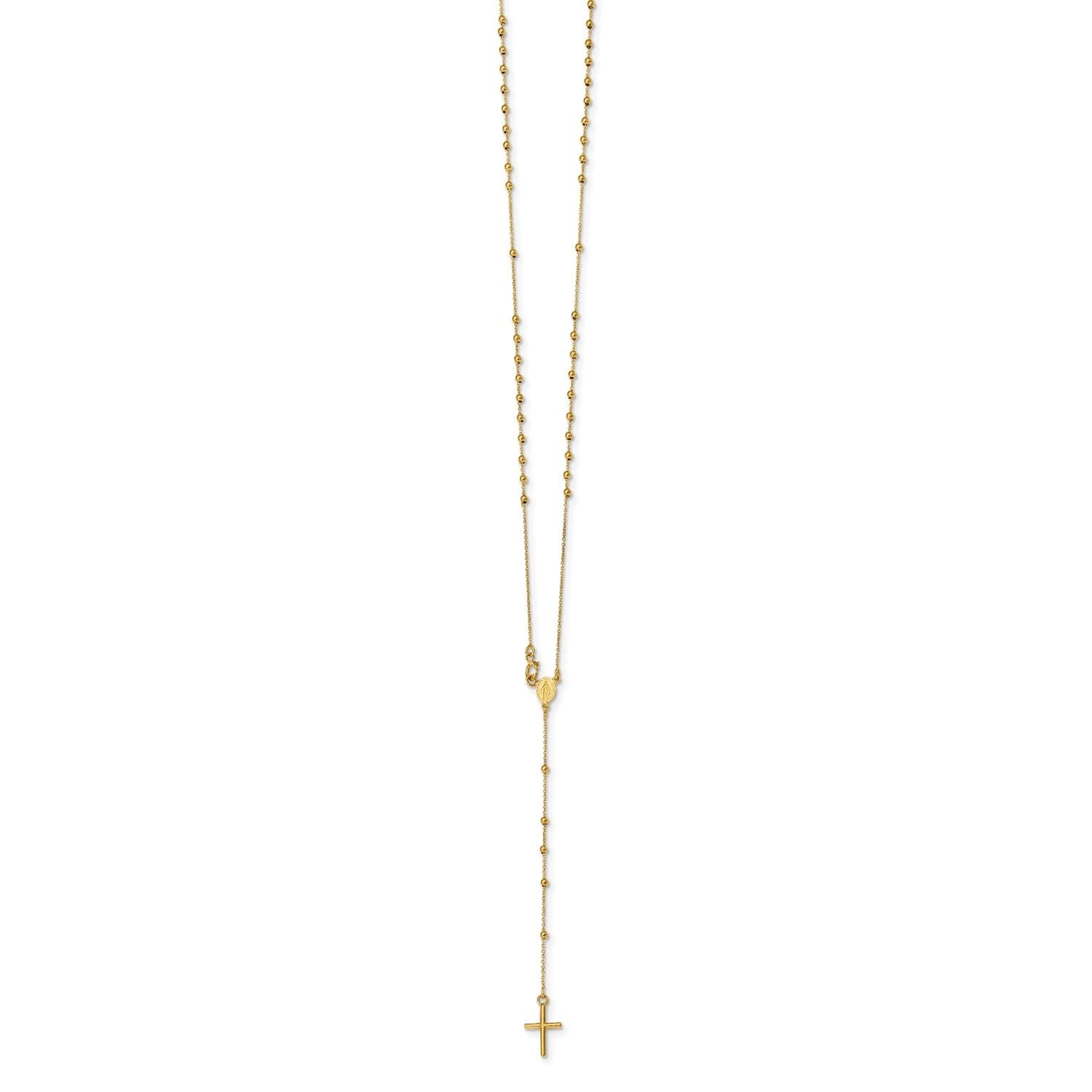 Jewelry Affairs 14K Yellow Gold Rosary Cross Pendant Necklace, Beaded Chain, 16.5 Inches - JewelryAffairs