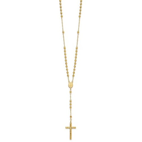 14K Yellow Gold Rosary Necklace, 4mm Beaded Chain, 24 inch Length, Cross Pendant