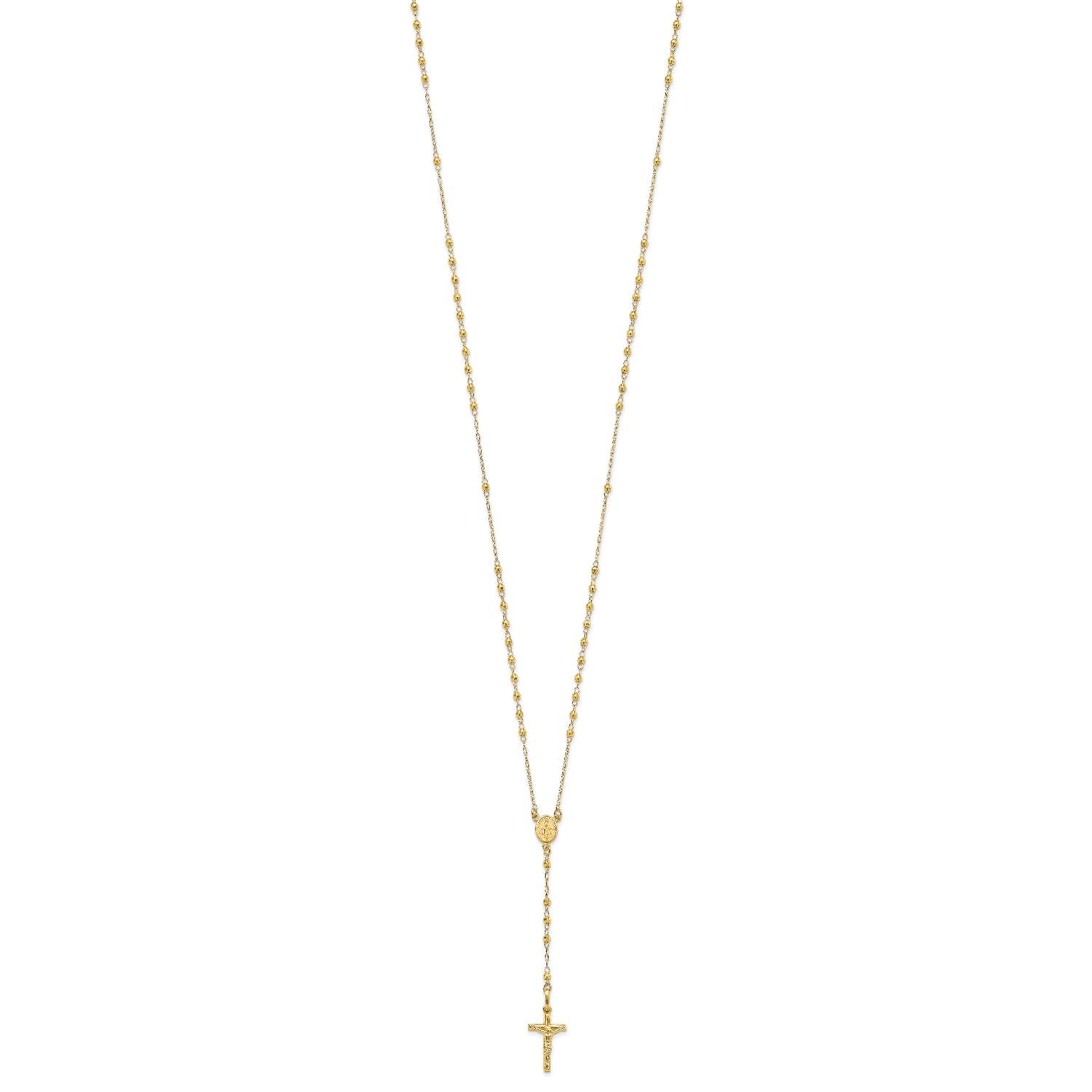Jewelry Affairs 14K Yellow Gold Rosary Necklace, Faceted Beads Chain, Cross and Medallion, 24 Inch - JewelryAffairs