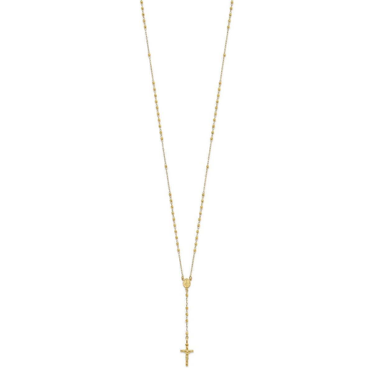 Jewelry Affairs 14K Yellow Gold Rosary Necklace, Faceted Beads Chain, Cross and Medallion, 24 Inch - JewelryAffairs