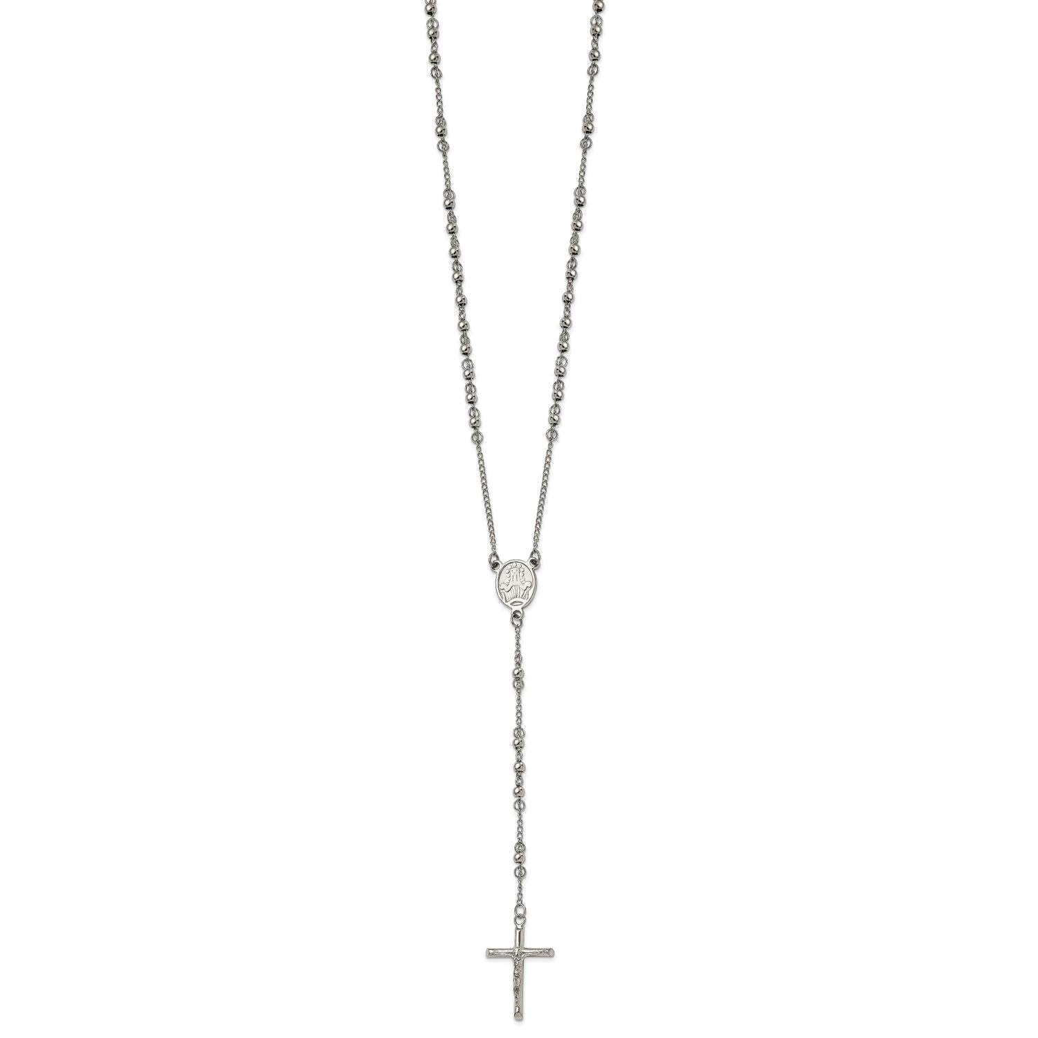 Religious Rosary Necklace, Stainless Steel, 25 inch, 4mm Beaded Chain with Cross