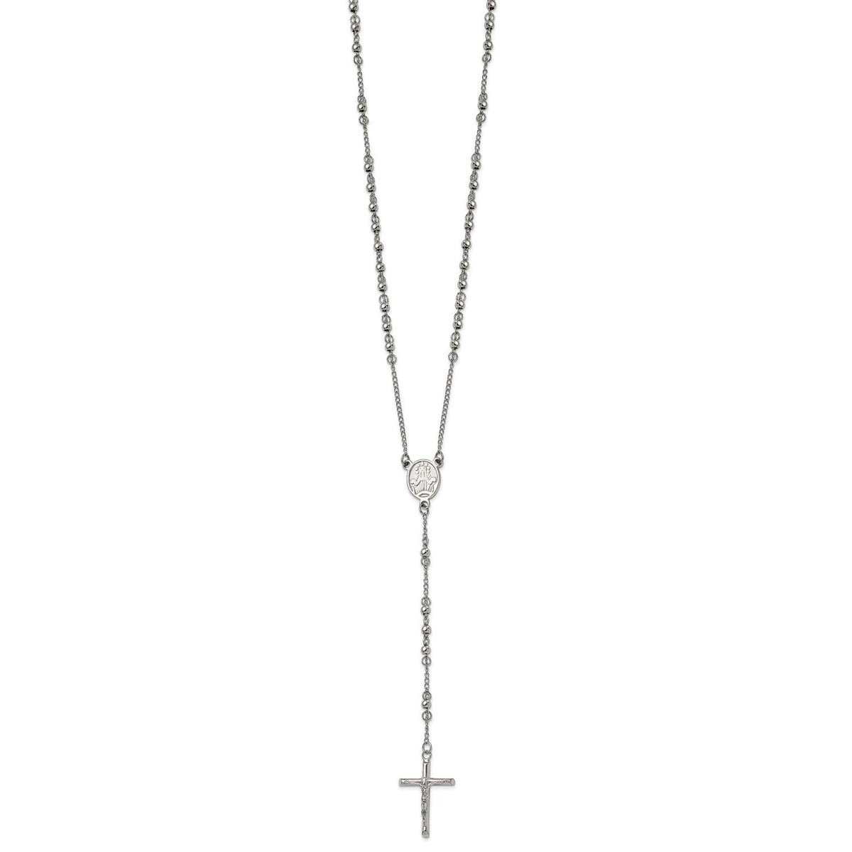 Religious Rosary Necklace, Stainless Steel, 25 inch, 4mm Beaded Chain with Cross