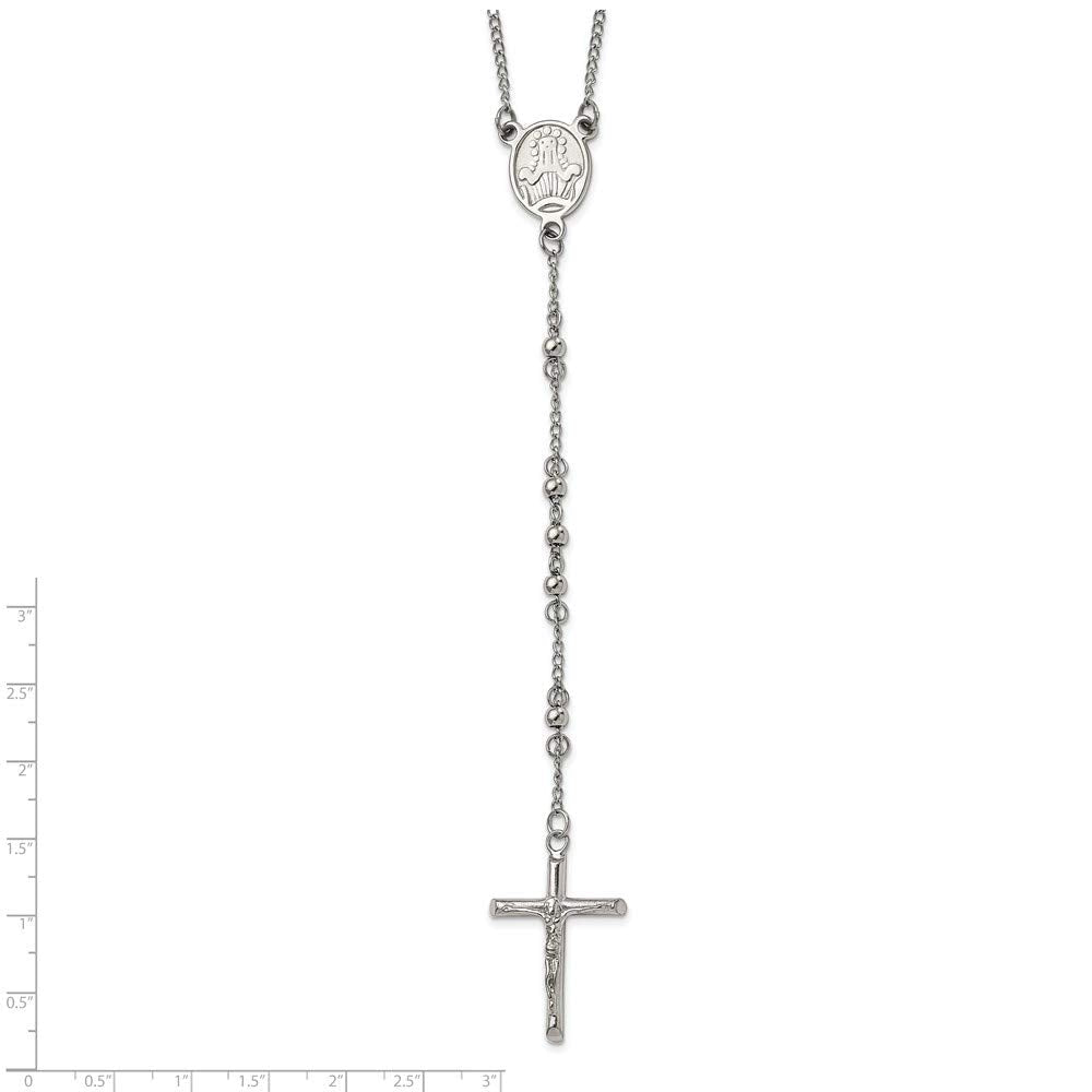 Religious Rosary Necklace, Stainless Steel, 25 inch, 4mm Beaded Chain with Cross